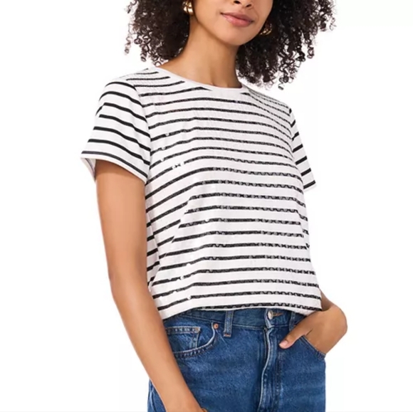 VINCE CAMUTO Sequin Striped Tee Black And White In XL size. - Picture 1 of 7